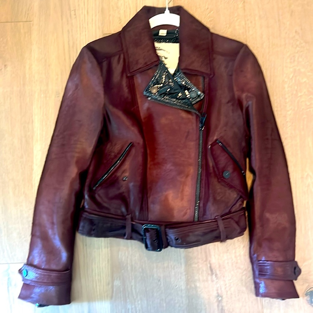 %100 authentic BURBERRY London calf hair maroon biker jacket USA size 8